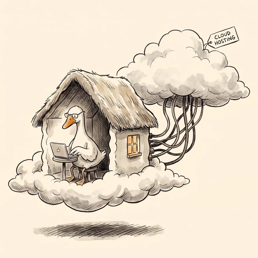 Ink illustration of a goose in a small cloud-cottage with cables running into a hosting cloud.