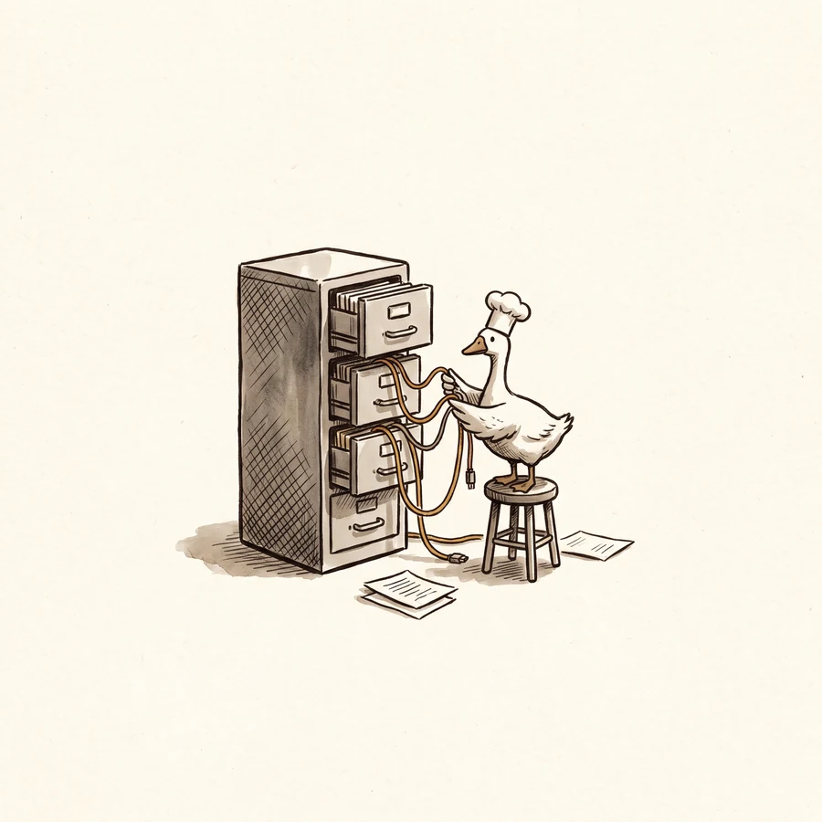 Ink illustration of a goose in a chef's hat operating a small filing-cabinet server, cables running like recipe strings.