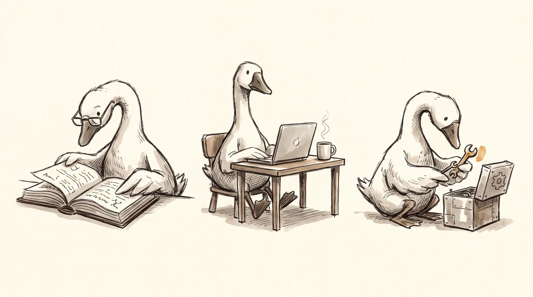 Three geese: one reading a book, one at a laptop with coffee, one wrenching on a small mechanical box.