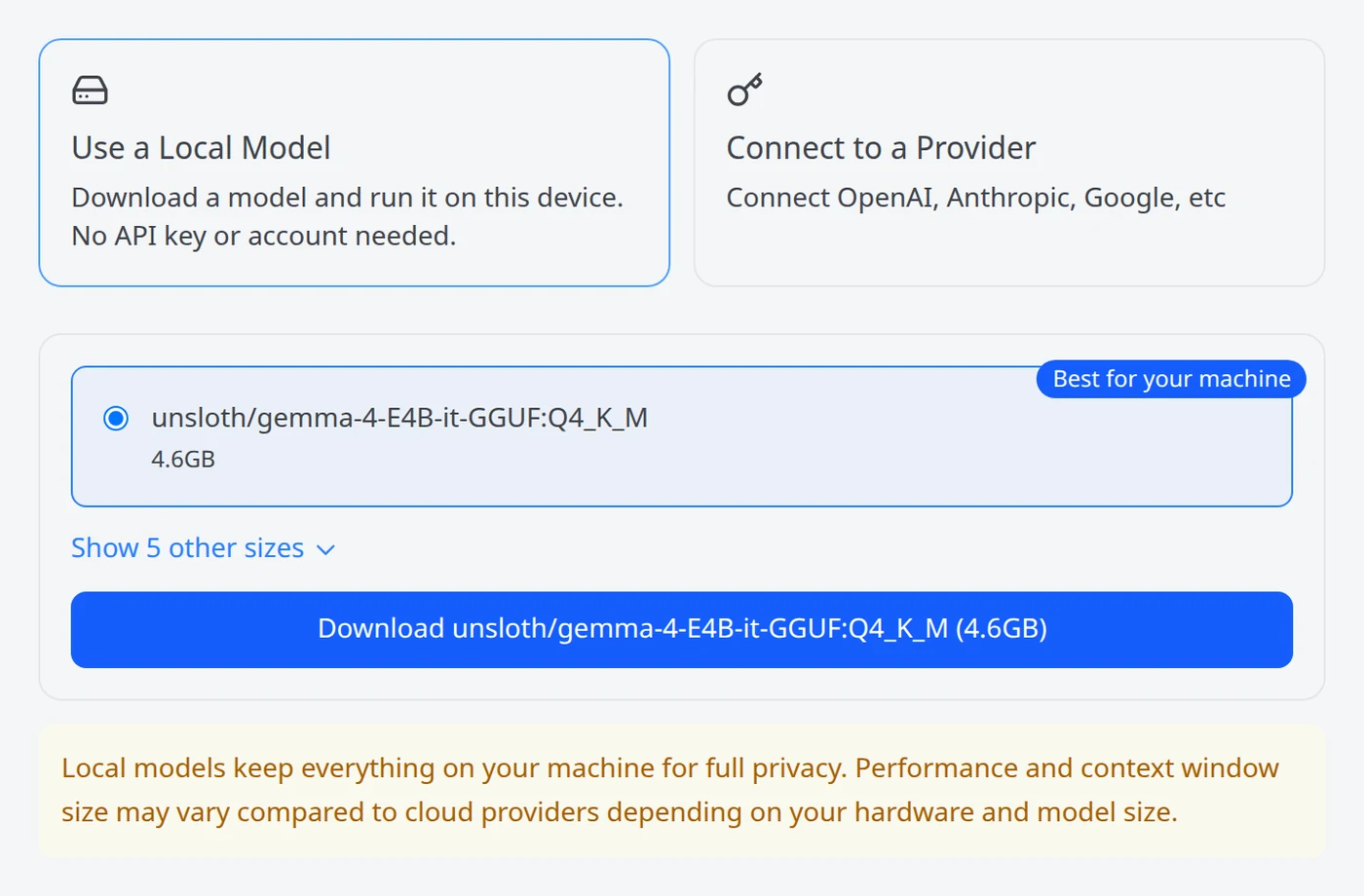 Screenshot of the Goose local model page offering unsloth/gemma-4-E4B-it-GGUF at 4.6GB, labelled Best for your machine, with a Download button.