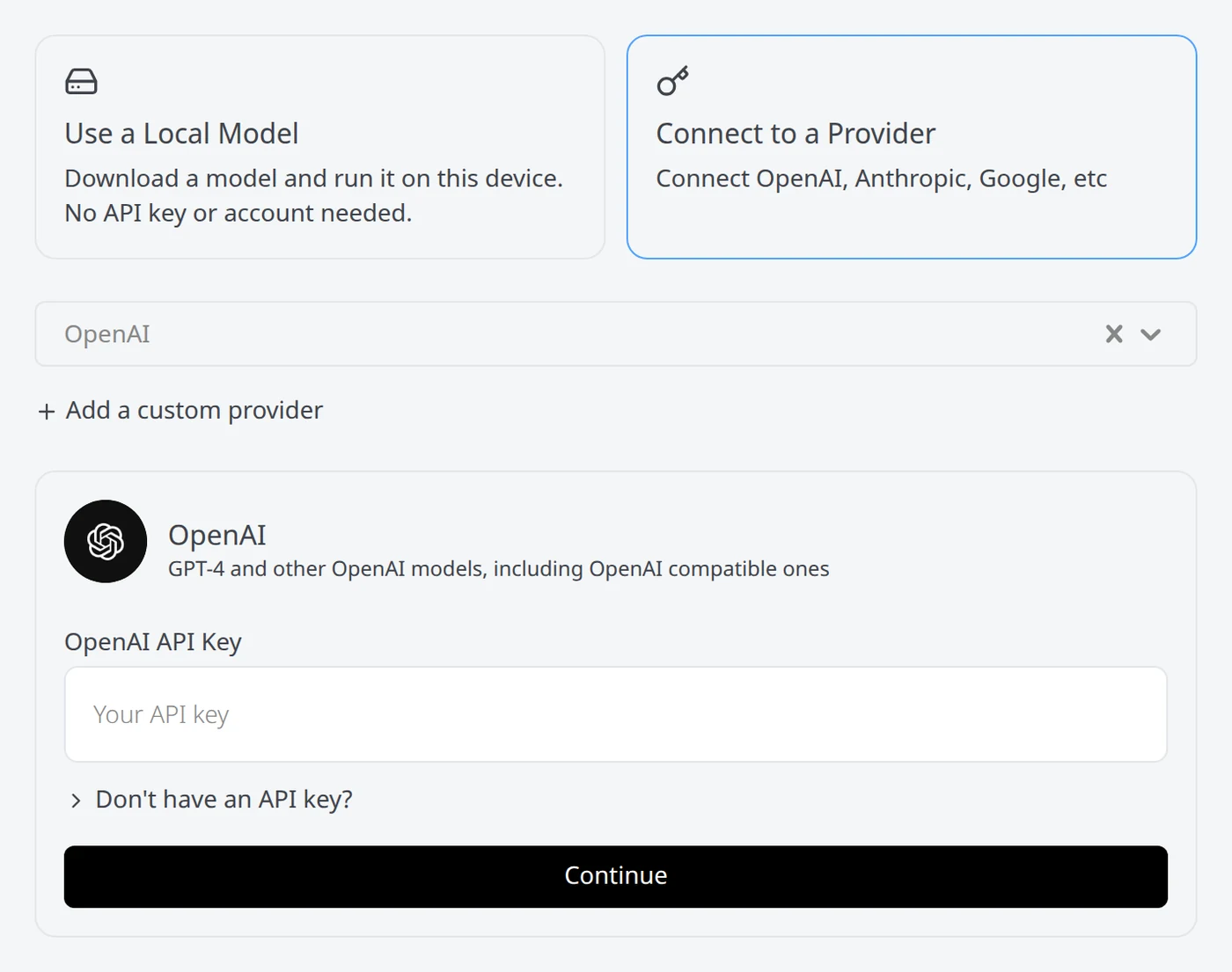 Screenshot of the OpenAI provider configuration form inside Goose with an API key input and a Continue button.