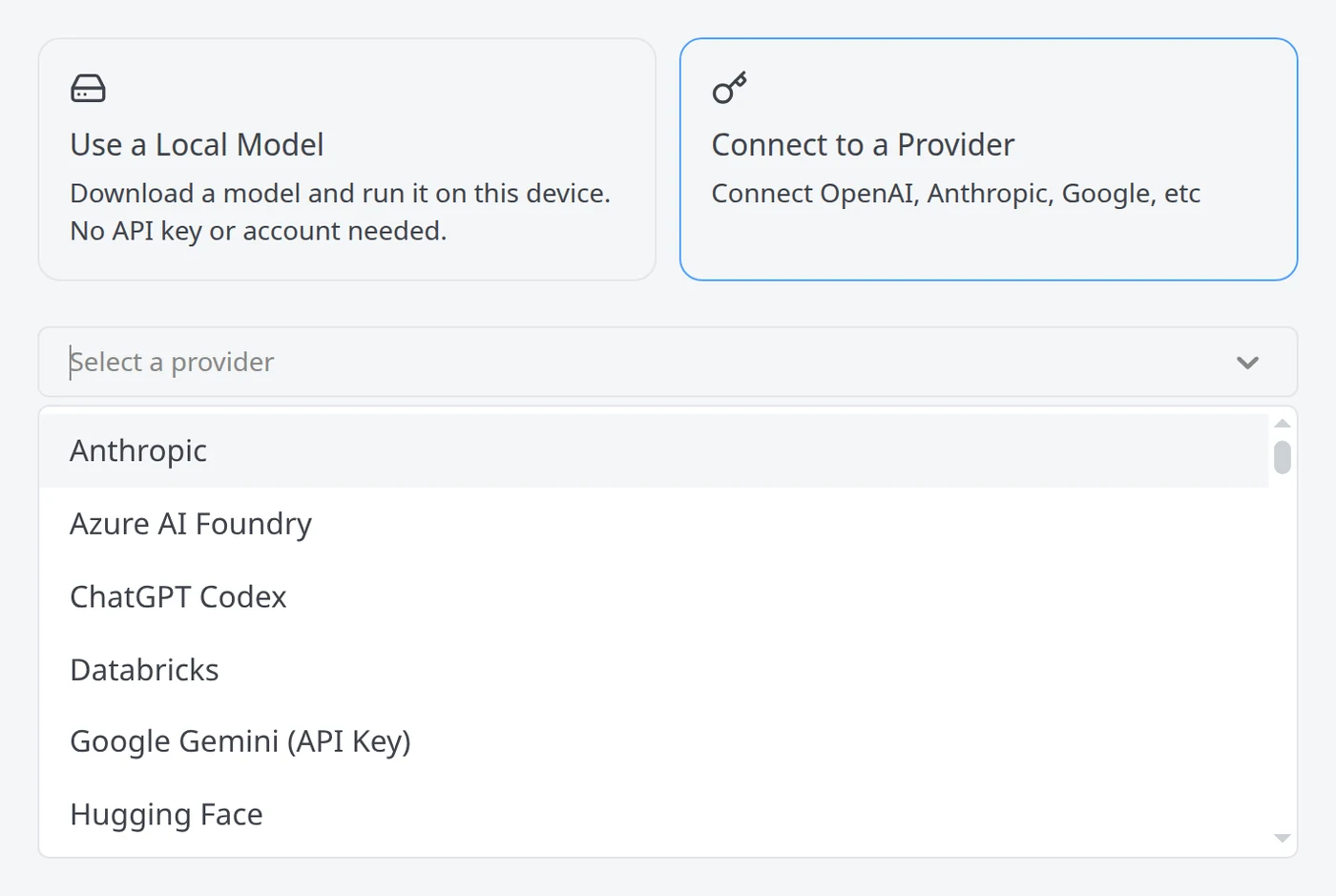 Screenshot showing the Goose provider dropdown open with Anthropic, Azure AI Foundry, ChatGPT Codex, Databricks, Google Gemini, and Hugging Face visible.