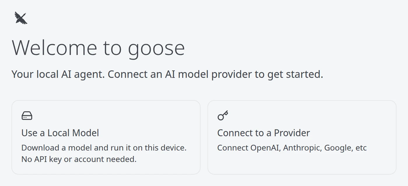 Screenshot of the Goose welcome screen showing two cards: Use a Local Model and Connect to a Provider.